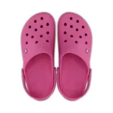 Zuecos Crocs modelo Crocband™ en color lila claro con plataforma blanca y una línea decorativa morada. Presentan el diseño clásico con orificios de ventilación y tira trasera ajustable.