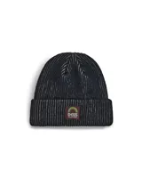 Gorro de lana negro con finas rayas horizontales grises y parche con el logo de Deus Ex Machina en el frente.