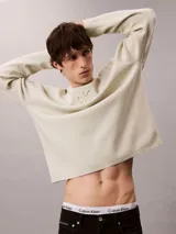 Sweater de punto color beige con cuello redondo, mangas largas y corte regular. Cuenta con el logo distintivo de Calvin Klein bordado en relieve al tono en el pecho.