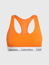 Bralette deportivo naranja de algodón modal con espalda cruzada y banda elástica blanca con logo de Calvin Klein.