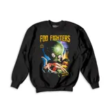 Buzo de cuello redondo y manga larga, color negro, con estampado gráfico frontal inspirado en la banda Foo Fighters, con estética de película de ciencia ficción retro.