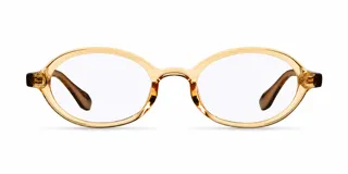 Lentes de lectura con montura ovalada de color amarillo traslúcido, fabricada en material bio-based con patillas de propionato de celulosa.
