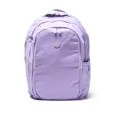 Mochila deportiva color lila, confeccionada en material textil con acabado ligeramente arrugado. Presenta un diseño funcional con compartimento principal amplio, bolsillo frontal con cierre, compartimento inferior independiente para calzado y bolsillos laterales. Incluye tirantes ergonómicos ajustables, asa superior y espaldera acolchada con diseño anatómico para mayor ventilación.