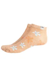 Soquetes de algodón con estampado de flores en tonos celestes y naranjas sobre base color salmón melange.