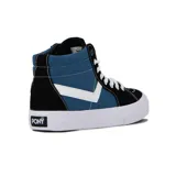 Championes de caña alta estilo skate, con combinación de paneles en color negro y azul marino, detalle de logo lateral en blanco, cordones blancos y suela de goma vulcanizada.