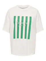 Remera de manga corta con cuello redondo y hombros caídos, confeccionada en jersey de algodón con estampa frontal de rayas verticales verdes y rosadas con texto.