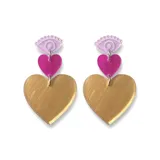 Par de aros colgantes con dije de ojo color lila, corazón fucsia y corazón dorado.