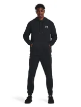 Buzo Under Armour Essential Fleece Hoodie para hombre, color negro con logo blanco estampado en el pecho. Confeccionado en tejido polar suave y cómodo, con capucha y cordón ajustable. Ideal para entrenar o para uso diario.