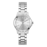 Reloj analógico Guess modelo Mist, con caja y pulsera de eslabones de acero inoxidable color plateado. La esfera plateada presenta índices aplicados y pequeños cristales en las posiciones de las 12, 3, 6 y 9 horas.