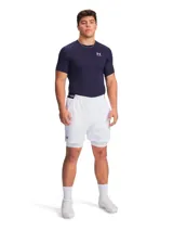 Remera deportiva Under Armour de compresión, color azul marino, de manga corta y cuello redondo. Cuenta con el logo de la marca impreso en blanco en el pecho y diseño ergonómico de secado rápido.