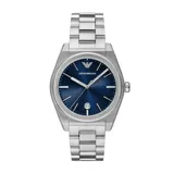 Reloj analógico Emporio Armani línea Federico con caja de acero inoxidable de 42mm, esfera azul con efecto rayos de sol, índices plateados y ventana de calendario a las 6 en punto. Cuenta con pulsera de eslabones de acero inoxidable plateado.