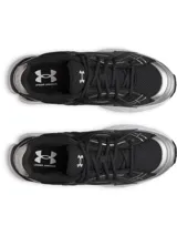 Championes Under Armour modelo Sola de diseño futurista, color negro con detalles plateados y suela blanca. Confeccionados con parte superior ligera, refuerzo de TPU y entresuela de EVA acolchada.