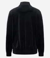 Campera deportiva de plush color negro con cuello alto, cierre frontal por cremallera, bolsillos laterales y detalle de piping blanco contrastante en mangas y bolsillos.