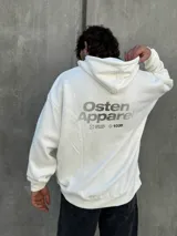 Canguro blanco con capucha ajustable con cordones, bolsillo tipo canguro y logo estampado en el pecho.