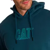 Buzo canguro con capucha color azul petróleo, con cordones ajustables y logo de CAT estampado en el pecho.