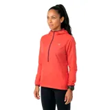 Campera deportiva Diadora modelo T3 L. X-run, color rojo con detalles en bordó. Presenta capucha, cierre frontal parcial y mangas largas con puños elásticos.