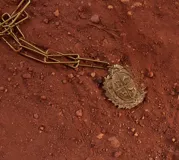 Collar plateado con cadena de eslabones grandes y dije de escudo con diseño intrincado.