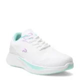 Championes deportivos de mujer en color blanco, con detalles en turquesa y lila. Presentan un diseño de malla transpirable, cierre con cordones y suela con amortiguación.