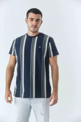 Remera de hombre con diseño de rayas verticales en tonos azul marino y gris, cuello redondo y manga corta. Presenta un pequeño logo bordado en el pecho.