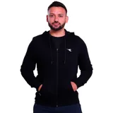 Campera deportiva Diadora de color negro, con cierre frontal completo, capucha con cordones ajustables y bolsillos tipo canguro. Presenta el logo de la marca bordado en el pecho.
