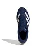 Championes de running Adidas Duramo RC2, color azul marino con tres franjas blancas en el lateral. Presenta detalles en rosa en la lengüeta y el talón. La suela es blanca con una sección de goma negra en la puntera y el talón.