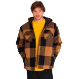 Chaqueta tipo camisa de franela con capucha, diseño a cuadros en tonos marrón y negro. Cuenta con cierre frontal a presión, bolsillos en el pecho con solapa y bolsillos laterales inferiores.