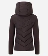 Campera acolchada Marfinno de color negro, con diseño matelassé en V en el frente y la espalda, mangas largas y laterales de tejido liso, capucha ajustable con cordón y cierre frontal de cremallera.