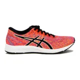 Championes de running Asics Gel-DS Trainer 25 con capellada de malla multicolor en tonos anaranjados y fucsias, entresuela blanca y suela negra. Presentan el logotipo lateral de Asics en color negro con borde blanco y cordones negros.