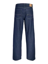 Jeans de corte recto y tiro estándar, confeccionados en denim azul oscuro con costuras en hilo contrastante.