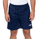 Short de fútbol Umbro de color azul marino, con cintura elástica y cordón ajustable. Presenta el logo de la marca bordado en blanco en la parte inferior de la pierna izquierda.