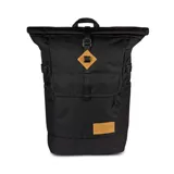 Mochila Jansport Hatchet Rolltop negra con detalles en marrón.