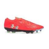 Championes de fútbol Under Armour Magnetico Elite 4 FG, color rojo vibrante con detalles en negro y logo multicolor. Diseñados para alto rendimiento en césped natural.