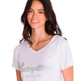 Remera blanca de algodón con cuello en V y logo de Caterpillar estampado en plateado.