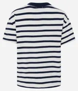 Blusa de corte boxy confeccionada en algodón, con diseño de rayas horizontales, cuello redondo de punto en color contrastante y mangas cortas.