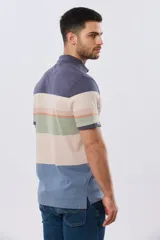 Remera polo de manga corta con diseño de franjas horizontales en tonos azul, beige, verde y terracota. Presenta cuello camisero con cierre frontal de dos botones y un pequeño bordado en el pecho.