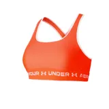 Top deportivo Under Armour de soporte medio, color negro, con diseño de espalda cruzada y banda elástica inferior con el logo de la marca estampado.