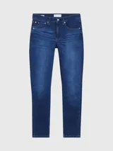 Jeans de corte slim tapered, color azul oscuro, con tiro medio, cinco bolsillos y cierre con cremallera.