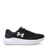 Championes de running Under Armour modelo Charged Surge 4, color gris con detalles en rosa vibrante. Presentan una parte superior de malla transpirable, entresuela blanca con tecnología de amortiguación y suela de goma negra.