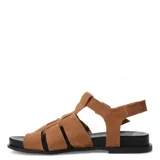 Sandalias tipo franciscanas de cuero gamuzado color marrón, con tiras anchas entrelazadas, cierre lateral con hebilla metálica y suela plana negra.