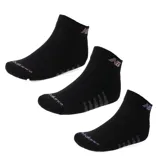 Pack de tres pares de medias deportivas New Balance, color negro con detalles en tonos gris y violeta. Diseño de corte bajo con logo de la marca en el tobillo y en la puntera.