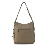 Cartera tipo hobo o de hombro, color beige topo, confeccionada en símil cuero con textura suave. Presenta costuras decorativas en el frente dividiendo el panel en cuatro secciones. Posee dos correas trenzadas para llevar al hombro y cierres laterales decorativos con tiradores de cuero.