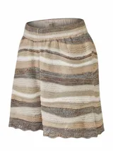 Short de punto tejido de tiro alto, con cintura elástica y diseño de rayas horizontales en tonos beige, blanco, marrón y celeste, marca RKF.