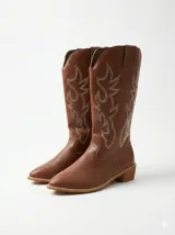 Bota estilo texana de caña alta, confeccionada en cuero sintético color chocolate, con bordados decorativos en hilo blanco y taco bajo cuadrado.