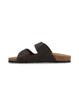 Sandalias de cuero marrón oscuro con doble tira ajustable mediante hebillas metálicas, plantilla anatómica con base de corcho y suela de goma estriada.