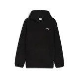Canguro de invierno Puma modelo ESS Elevat.Relax.Winter, color negro de tejido efecto corderito, con capucha, bolsillo frontal tipo canguro y logo bordado en blanco en el pecho.