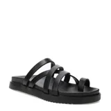 Sandalias planas color negro con múltiples tiras finas sobre el empeine y presilla para el dedo.
