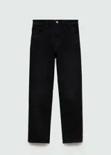 Jeans mom-fit de tiro alto y lavado negro, con diseño de cinco bolsillos, trabillas para cinto y cierre frontal con cremallera y botón metálico.
