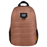 Mochila Caterpillar color marrón con diseño geométrico. Tiene un compartimento principal con cierre de cremallera, un bolsillo acolchado para laptop, tirantes ajustables de malla elástica y dos bolsillos laterales de red.