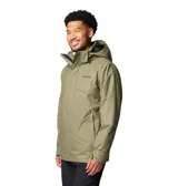 Campera 3 en 1 Columbia modelo Bugaboo III, color verde oliva. Cuenta con tecnología Omni-Tech impermeable y transpirable, capucha desmontable y ajustable, y sistema de intercambio con cremallera que permite usar la capa exterior y el forro polar interior por separado o juntos.