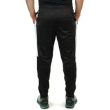 Pantalón deportivo negro de tejido sintético brillante, con cintura elástica y bolsillos laterales con cierre. Presenta un pequeño logo blanco en el muslo derecho.